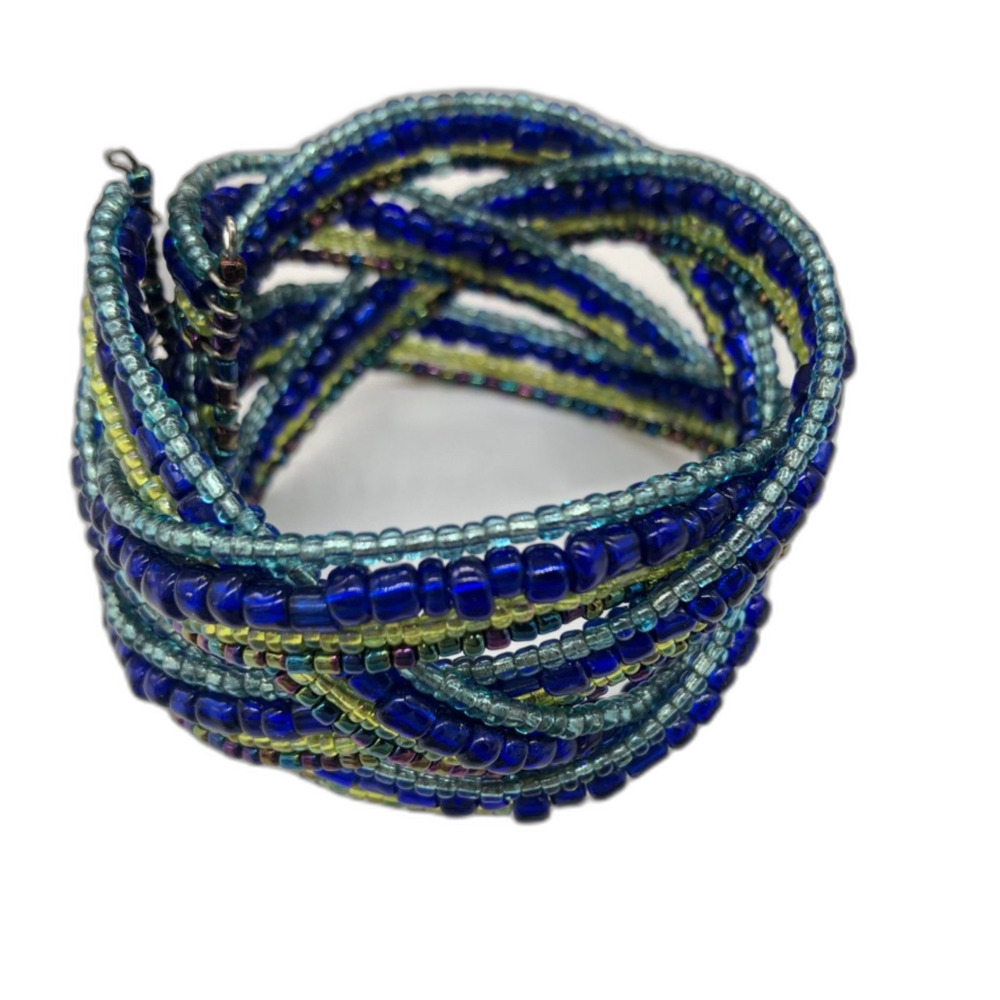 Multi-Strand Beaded Bracelet Slip On Wide Colorful Blues and Greens